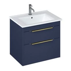 Britton Shoreditch 650mm Wall-Hung Double Drawer Vanity Unit with Brass Handles - Matt Blue