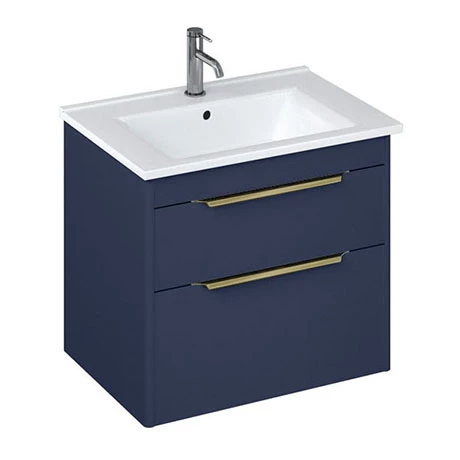 Britton Shoreditch 650mm Wall-Hung Double Drawer Vanity Unit with Brass Handles - Matt Blue 1 Britton Shoreditch 650mm Wall-Hung Double Drawer Vanity Unit with Brass Handles - Matt Blue