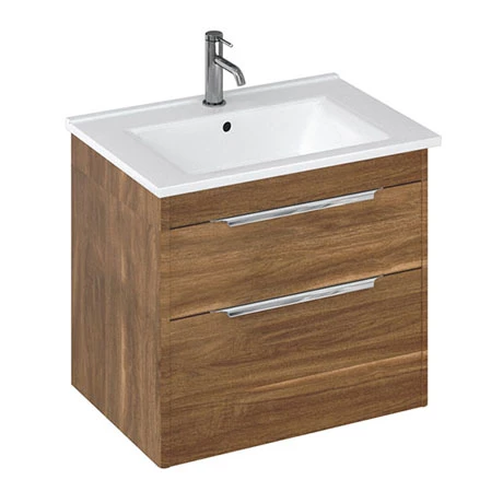 Britton Shoreditch 650mm Wall-Hung Double Drawer Vanity Unit with Chrome Handles - Caramel 1 Britton Shoreditch 650mm Wall-Hung Double Drawer Vanity Unit with Chrome Handles - Caramel