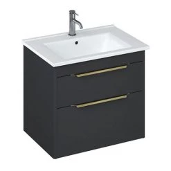 Britton Shoreditch 650mm Wall-Hung Double Drawer Vanity Unit with Brass Handles - Matt Grey