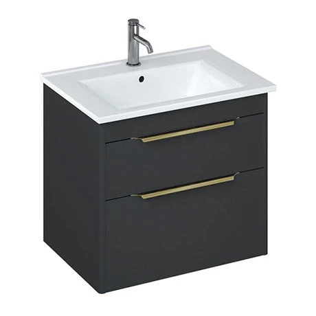 Britton Shoreditch 650mm Wall-Hung Double Drawer Vanity Unit with Brass Handles - Matt Grey 1 Britton Shoreditch 650mm Wall-Hung Double Drawer Vanity Unit with Brass Handles - Matt Grey