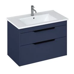 Britton Shoreditch 850mm Wall-Hung Double Drawer Vanity Unit with Black Handles - Matt Blue