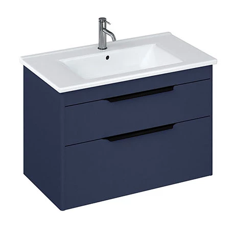 Britton Shoreditch 850mm Wall-Hung Double Drawer Vanity Unit with Black Handles - Matt Blue 1 Britton Shoreditch 850mm Wall-Hung Double Drawer Vanity Unit with Black Handles - Matt Blue