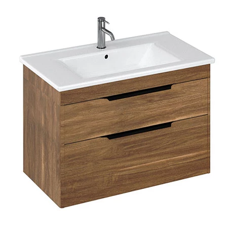 Britton Shoreditch 850mm Wall-Hung Double Drawer Vanity Unit with Black Handles - Caramel 1 Britton Shoreditch 850mm Wall-Hung Double Drawer Vanity Unit with Black Handles - Caramel