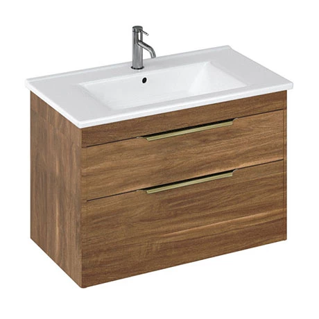 Britton Shoreditch 850mm Wall-Hung Double Drawer Vanity Unit with Brass Handles - Caramel 1 Britton Shoreditch 850mm Wall-Hung Double Drawer Vanity Unit with Brass Handles - Caramel