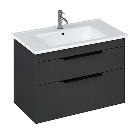 Britton Shoreditch 850mm Wall-Hung Double Drawer Vanity Unit with Black Handles - Matt Grey 1 Britton Shoreditch 850mm Wall-Hung Double Drawer Vanity Unit with Black Handles - Matt Grey