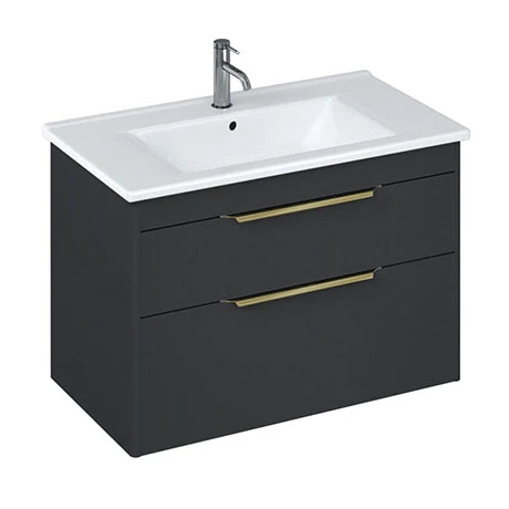 Britton Shoreditch 850mm Wall-Hung Double Drawer Vanity Unit with Brass Handles - Matt Grey 1 Britton Shoreditch 850mm Wall-Hung Double Drawer Vanity Unit with Brass Handles - Matt Grey
