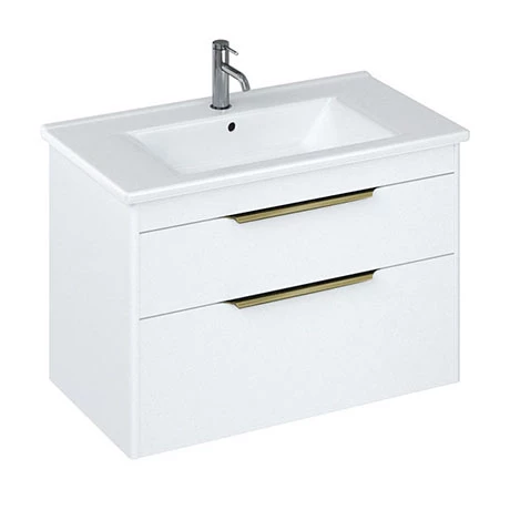 Britton Shoreditch 850mm Wall-Hung Double Drawer Vanity Unit with Brass Handles - Matt White 1 Britton Shoreditch 850mm Wall-Hung Double Drawer Vanity Unit with Brass Handles - Matt White