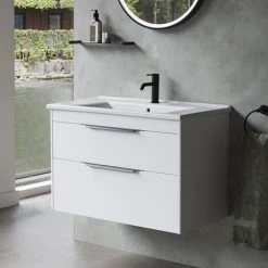 Britton Shoreditch 850mm Wall-Hung Double Drawer Vanity Unit with Chrome Handles - Matt White -Vanity Units Sales Store S85DDWSQ D1 460
