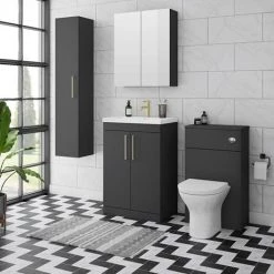 Arezzo 500 Matt Black Floor Standing Vanity Unit with Brushed Brass Handles -Vanity Units Sales Store Soft Black Lifestyle 01 460 1