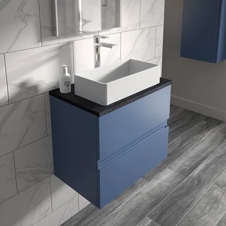 Hudson Reed Urban 600mm Satin Blue Vanity Unit - Wall Hung 2 Drawer Unit with Black Worktop 2 Hudson Reed Urban 600mm Satin Blue Vanity Unit - Wall Hung 2 Drawer Unit with Black Worktop - Image 2