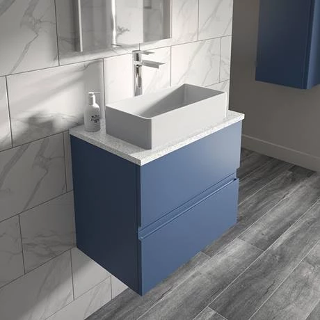 Hudson Reed Urban 600mm Satin Blue Vanity Unit - Wall Hung 2 Drawer Unit with White Worktop 2 Hudson Reed Urban 600mm Satin Blue Vanity Unit - Wall Hung 2 Drawer Unit with White Worktop - Image 2