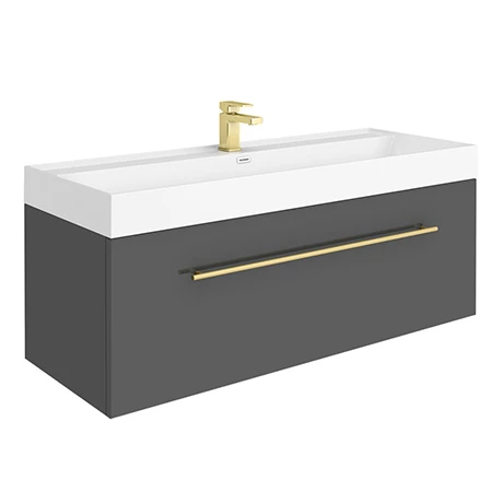 Valencia 1200 Gloss Grey Minimalist Wall Hung Vanity Unit with Brass Handle 1 Valencia 1200 Gloss Grey Minimalist Wall Hung Vanity Unit with Brass Handle
