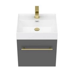 Valencia 450 Gloss Grey Minimalist Wall Hung Vanity Unit with Brass Handle -Vanity Units Sales Store V4GWHBB d4 460