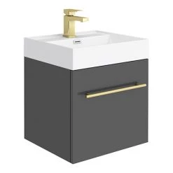 Valencia 450 Gloss Grey Minimalist Wall Hung Vanity Unit with Brass Handle