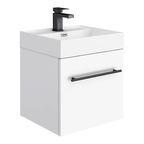 Valencia 450 Gloss White Minimalist Wall Hung Vanity Unit with Matt Black Handle 1 Valencia 450 Gloss White Minimalist Wall Hung Vanity Unit with Matt Black Handle