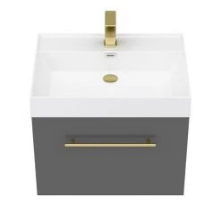 Valencia 600 Gloss Grey Minimalist Wall Hung Vanity Unit with Brass Handle -Vanity Units Sales Store V6GWHBB d4 460
