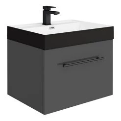 Valencia Wall Hung Vanity Unit - Gloss Grey - 600mm with Black Handle and Basin