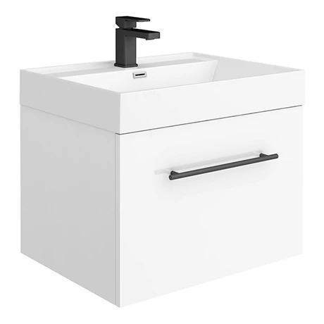 Valencia 600 Gloss White Minimalist Wall Hung Vanity Unit with Matt Black Handle 1 Valencia 600 Gloss White Minimalist Wall Hung Vanity Unit with Matt Black Handle