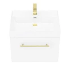 Valencia 600 Gloss White Minimalist Wall Hung Vanity Unit with Brass Handle -Vanity Units Sales Store V6WWHBB d4 460