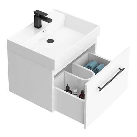Valencia 600 Gloss White Minimalist Wall Hung Vanity Unit with Matt Black Handle 6 Valencia 600 Gloss White Minimalist Wall Hung Vanity Unit with Matt Black Handle - Image 6