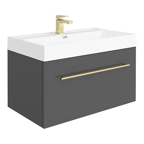 Valencia 800 Gloss Grey Minimalist Wall Hung Vanity Unit with Brass Handle 1 Valencia 800 Gloss Grey Minimalist Wall Hung Vanity Unit with Brass Handle