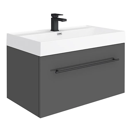 Valencia 800 Gloss Grey Minimalist Wall Hung Vanity Unit with Matt Black Handle 1 Valencia 800 Gloss Grey Minimalist Wall Hung Vanity Unit with Matt Black Handle