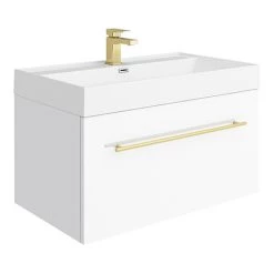 Valencia 800 Gloss White Minimalist Wall Hung Vanity Unit with Brass Handle