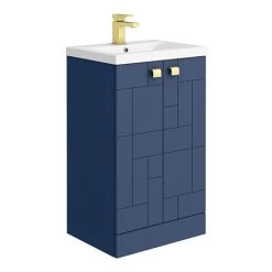 Venice Abstract 500mm Blue Vanity Unit - Floor Standing 2 Door Unit with Brushed Brass Square Drop Handles