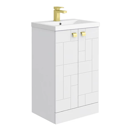 Venice Abstract 500mm White Vanity Unit - Floor Standing with Brushed Brass Handles 1 Venice Abstract 500mm White Vanity Unit - Floor Standing with Brushed Brass Handles