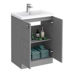 Venice Abstract 600mm Grey Vanity Unit - Floor Standing 2 Door Unit with Chrome Square Drop Handles -Vanity Units Sales Store VAFS600GRY D4 460