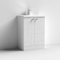Venice Abstract 600mm White Vanity Unit - Floor Standing 2 Door Unit with Chrome Square Drop Handles -Vanity Units Sales Store VAFS600WHI D1 460