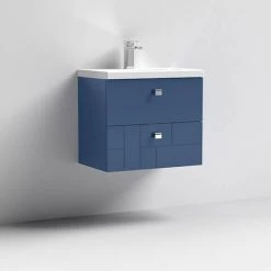 Venice Abstract 600mm Blue Vanity Unit - Wall Hung 2 Drawer Unit with Chrome Square Drop Handles -Vanity Units Sales Store VAWH600BLU D1 460