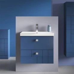Venice Abstract 600mm Blue Vanity Unit - Wall Hung 2 Drawer Unit with Chrome Square Drop Handles -Vanity Units Sales Store VAWH600BLU d5 460