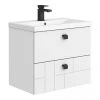 Venice Abstract 600mm White Vanity Unit - Wall Hung 2 Drawer Unit with Matt Black Square Drop Handles