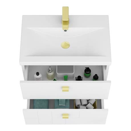 Venice Abstract 600mm White Vanity Unit - Wall Hung with Brushed Brass Handles 4 Venice Abstract 600mm White Vanity Unit - Wall Hung with Brushed Brass Handles - Image 4