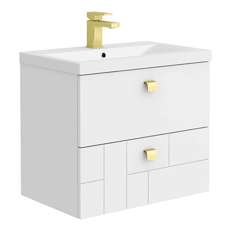 Venice Abstract 600mm White Vanity Unit - Wall Hung with Brushed Brass Handles 1 Venice Abstract 600mm White Vanity Unit - Wall Hung with Brushed Brass Handles