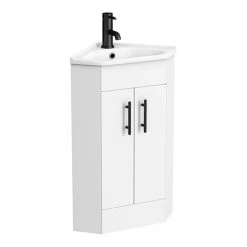 Venice Corner Vanity Unit - Gloss White - 590mm with Black Handles