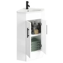 Venice Corner Vanity Unit - Gloss White - 590mm with Black Handles -Vanity Units Sales Store VB001 d3 460