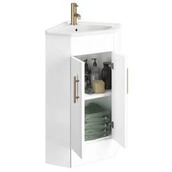 Venice Corner Vanity Unit - Gloss White - 590mm with Brushed Brass Handles -Vanity Units Sales Store VBB001 d2 460