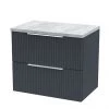 Venice Fluted 600mm Anthracite Vanity Unit - Wall Hung 2 Drawer Unit with Bellato Grey Worktop & Chrome Handles