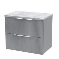 Venice Fluted 600mm Grey Vanity Unit - Wall Hung 2 Drawer Unit with Bellato Grey Worktop & Chrome Handles