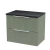 Venice Fluted 600mm Green Vanity Unit - Wall Hung 2 Drawer Unit with Black Worktop & Chrome Handles