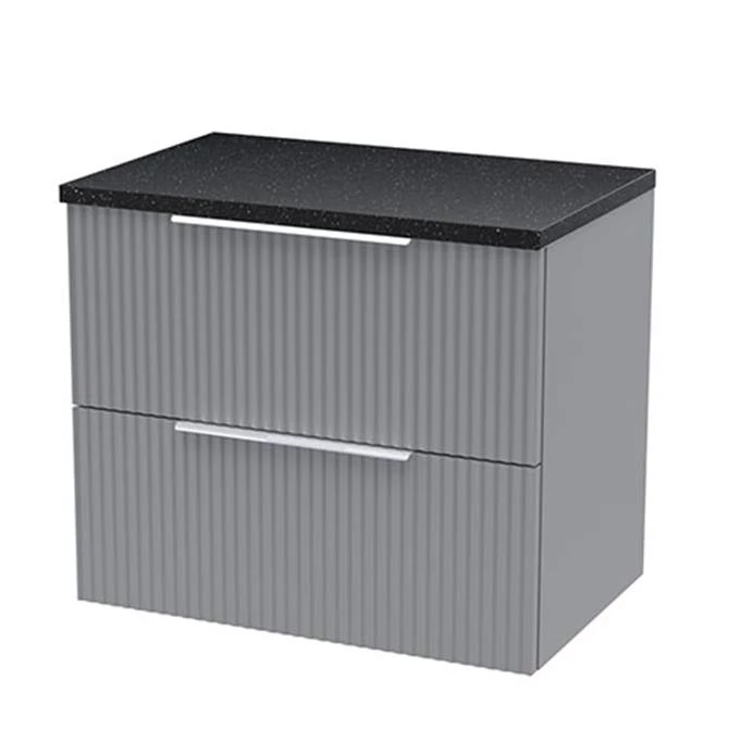 Venice Fluted 600mm Grey Vanity Unit - Wall Hung 2 Drawer Unit with Black Worktop & Chrome Handles 1 Venice Fluted 600mm Grey Vanity Unit - Wall Hung 2 Drawer Unit with Black Worktop & Chrome Handles