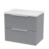 Venice Fluted 600mm Grey Vanity Unit - Wall Hung 2 Drawer Unit with White Worktop & Chrome Handles