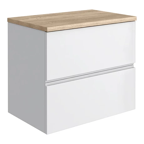 Venice Linea 600mm Satin White Vanity - Wall Hung 2 Drawer Unit with Rustic Oak Worktop 1 Venice Linea 600mm Satin White Vanity - Wall Hung 2 Drawer Unit with Rustic Oak Worktop