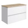Venice Linea 800mm Satin White Vanity - Wall Hung 2 Drawer Unit with Rustic Oak Worktop