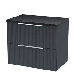 Venice Fluted 600mm Anthracite Vanity Unit - Wall Hung 2 Drawer Unit with Black Worktop & Chrome Handles