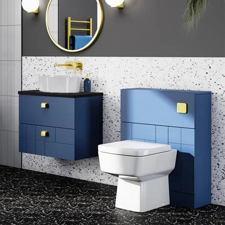 Venice Abstract 600mm Blue Vanity Unit - Wall Hung 2 Drawer Unit with Black Worktop & Brushed Brass Handles 4 Venice Abstract 600mm Blue Vanity Unit - Wall Hung 2 Drawer Unit with Black Worktop & Brushed Brass Handles - Image 4