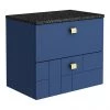 Venice Abstract 600mm Blue Vanity Unit - Wall Hung 2 Drawer Unit with Black Worktop & Brushed Brass Handles